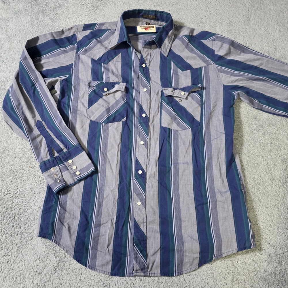 Youngbloods Mens Medium Western Snap Shirt Blue Grey Striped Long Sleeve Yoke